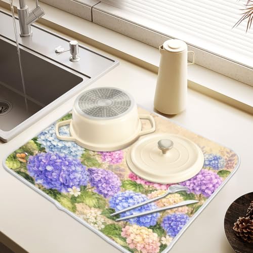 Vintage Flowers Spring Summer Dish Drying Mat for Kitchen Counter Absorbent Microfiber Hydrangea Butterfly Small Drying Pad Dish mats for Kitchen Countertops 16 x 18 Inch (Spring Vintage Flowers / 18" x 16")