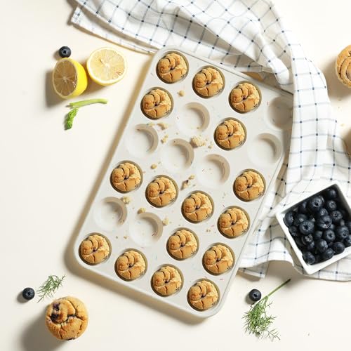 2 Pack 24 Cups Silicone Mini Muffin Pan with Metal Reinforced Frame Silicone Molds Cupcake Cake Baking Cheesecake Pans Cookie Baking Chocoflan Cupcake Mold Mini Bundt Cake Pan Women Gift (2pc: 24-Cup Mini / Cream)