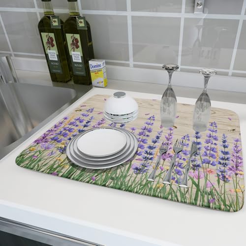 Lavender Floral Dish Drying Mat 18x24 inch Spring Summer Flower Decorative Fast Dry Dishes Drainer Mats Reversible Washable Dish Rack Pad (Lavender Floral / 18" x 24")