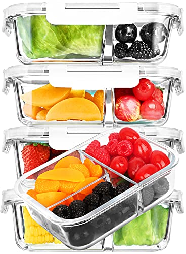 5 Pack,36 oz, 3 Compartments Glass Meal Prep Containers with Lids (White)