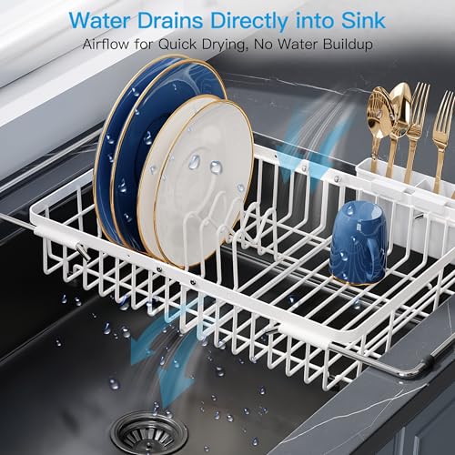 White Dish Drying Rack Over the Sink with Utensil Holder (White / For 12.5"-30"w Sink, Expandable)