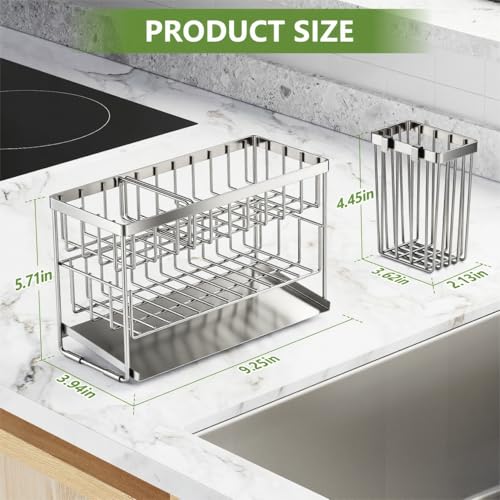 Silver 2 Tier Kitchen Sink Caddy Organzier Rack with Flexible Dish Brush Holder (Silver / Medium)