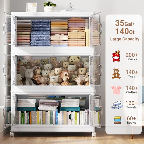V60 420QT Plastic Stackable Storage Bins with Lid (White / 140QT-3Pack)