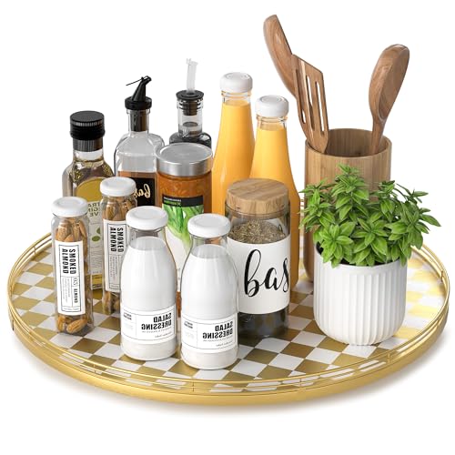 Gold and White Checkerboard Lazy Susan with Rubberwood Base and Metal Rail (Gold & White / 18 inches)