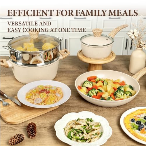 26Pcs Pots and Pans Nonstick Ceramic Cookware Set Non Toxic Kitchen Cooking Set with Steamer Utensils Induction Compatible (Beige)