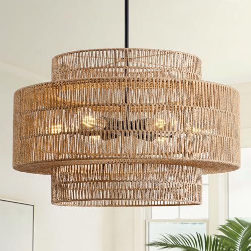 24" Rattan Chandelier for Dining Room (Brown+Black Hardware / 24" 6-Light)