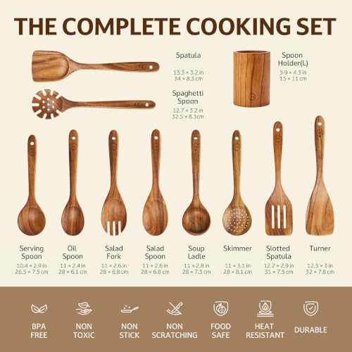 11 Piece Teak Wood Cooking Utensil Set with Holder (11 PCS Set)