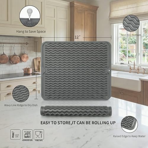 Silicone Dish Drying Mat for Multiple Usage (Gray / 12"L x 12"W)