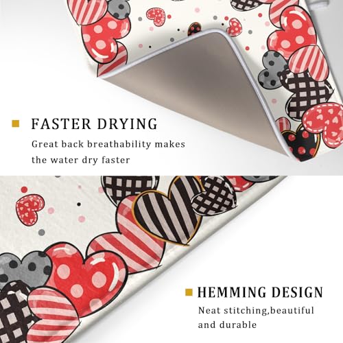 Red Heart Dish Drying Mat 18"x24" Love Dots Microfiber Dish Drainer Rack Mat Holiday Absorbent Fast Dry Pad for Kitchen Counter Home Decor (Heart Dots / 24" x 24")