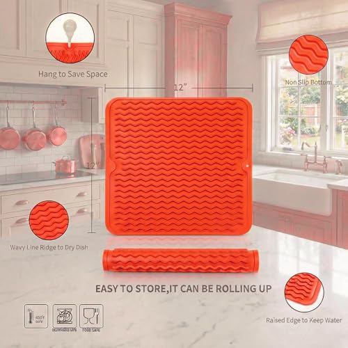 Silicone Dish Drying Mat for Multiple Usage (Orange / 12"L x 12"W)