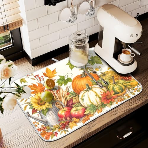 Autumn Fall Harvest Pumpkins Dish Drying Mat for Kitchen Counter Absorbent Microfiber Large Drying Pad Dish mats for Kitchen Countertops 18 x 24 Inch (Thanksgiving Harvest Pumpkins / 24" x 18")