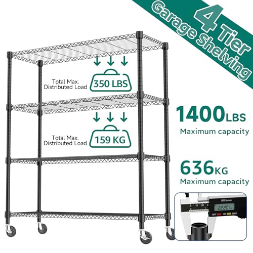 1400LBS 47.2" W 4 Tiers Storage Shelves Metal Shelving Unit with Wheels Heavy Duty Garage Shelving Adjustable Wire Shelves for Pantry (4 Tiers, 17.7"D x 47.2"W x 62.7"H / Black)