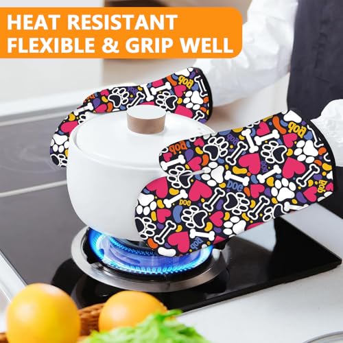 Paw Prints Oven Mitts and Bones Hearts Pot Holders Sets 4Pcs (Paw Prints)