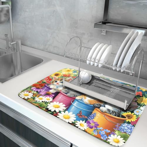 Lovely Cat Drying Mat for Kitchen Counter Colorful Flower Absorbent Coffee Bar Mat 18 X 24 (colorful Lovely Cat / 24" x 18")