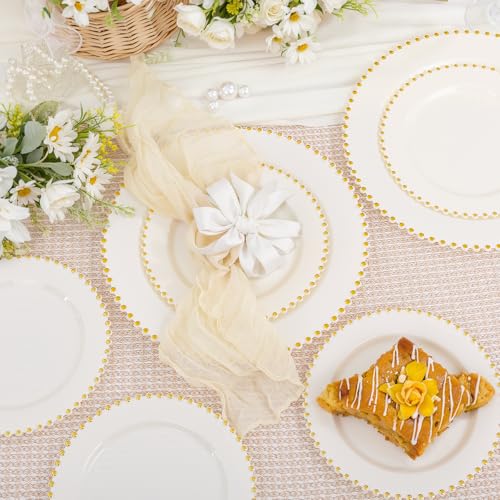 100pcs Ivory Plastic Plates with Gold Beads for Wedding & Party (100 Count)
