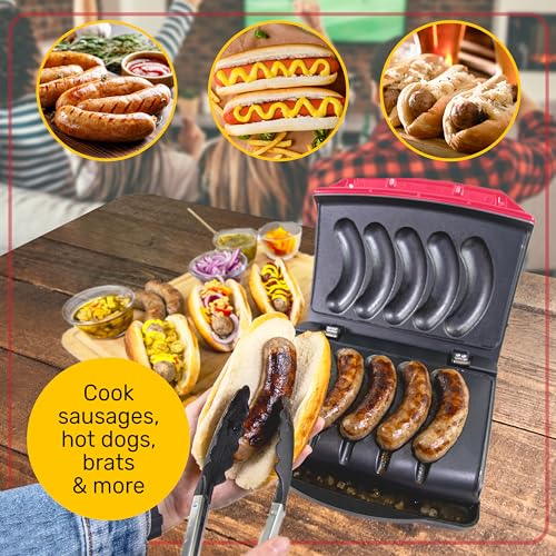 Game Day Sausage and Brat 5 Link Electric Grill with Oil Drip Tray (Red)
