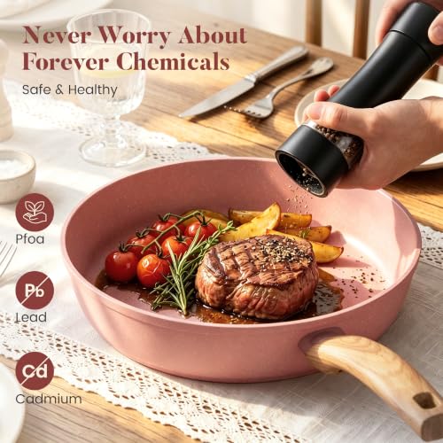 Induction Pots and Pans Set Non Stick (Pink / 12 PCS Cookware Set)