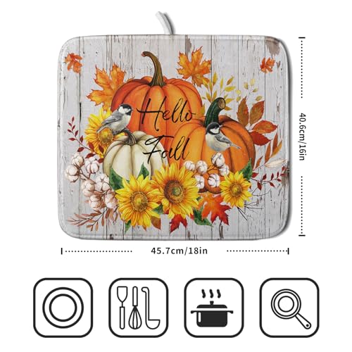 Hello Fall Dish Drying Mat for Kitchen Counter 16x18 Inch Orange Pumpkin Absorbent Drying Pad with Hanging Loop Autumn Home Decoration (Hello Fall Pumpkin / 16" x 18")