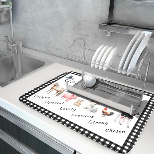 Funny Dish Drying Mat Large Absorbent Drying Pad for Kitchen Counter Easy Clean 18 X 24 in (Farm Animals 605 / 24" x 18")