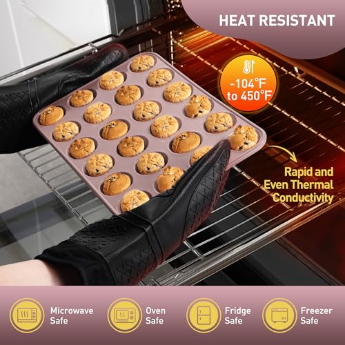 2 Pack 24 Cups Mini Muffin Pan with Metal Reinforced Frame Silicone Molds Cake Pans Egg Bites Silicone Circle Cookie Molds Muffin Tin Tart Pans Non Stick Toxic Oven Safe Baking Sheet Set (2pc: 24-Cup Mini / Morandi Pink)
