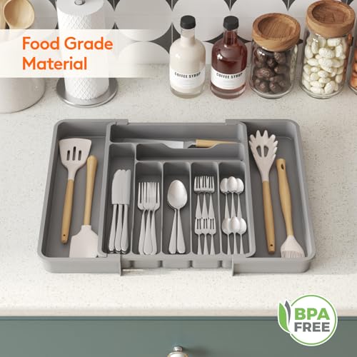 Expandable Silverware Drawer Organizer (Gray / Large Deep（11.8-19.6'W x 15''D）)