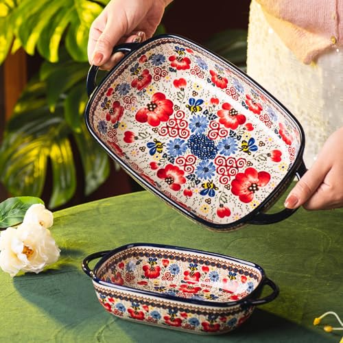 Baking Dish Ceramic Baking Pan Blue Casserole Dish Porcelain rectangular Baking Set 2pcs Bakeware Sets Single Serving Size Lasagna Pan Baking Dishes for oven (Honey Flower)