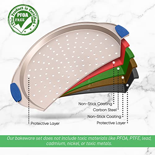 13-Inch Non-Stick Pizza Tray with Silicone Handle - Perforated Carbon Steel, Dishwasher Safe, PFOA Free - Champagne Gold - 12 Pack (Champagne Gold / 12 Pack)