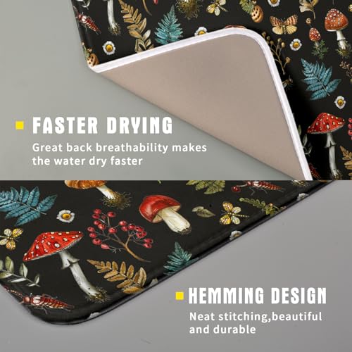 Mushroom Forest Dish Drying Mat Fern Leaves Black Drainer Mat for Kitchen Countertop 16 X 18 Inch (Mushroom - Black / 18" x 16")