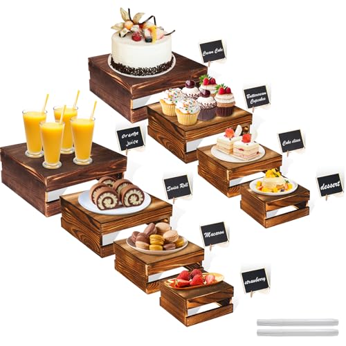 8 Piece Rustic Wood Buffet Risers with Mini Signs for Dessert Table (Rustic Wood / 8 Pcs (8.0", 7.0", 6.5", 5.5"))