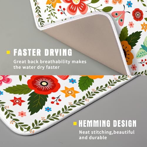 Colorful Boho Floral Dish Drying Mat 16x18 Inch Dishes Dry Pad Drainer Rack Mats Absorbent Hanging Loop Kitchen Counter Bar Accessories (White Boho Floral / 16" x 18")