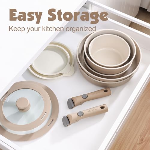 24 Piece Ceramic Detachable Handle Pots and Pans Set Almond Beige (Almond Beige / 24 Piece)