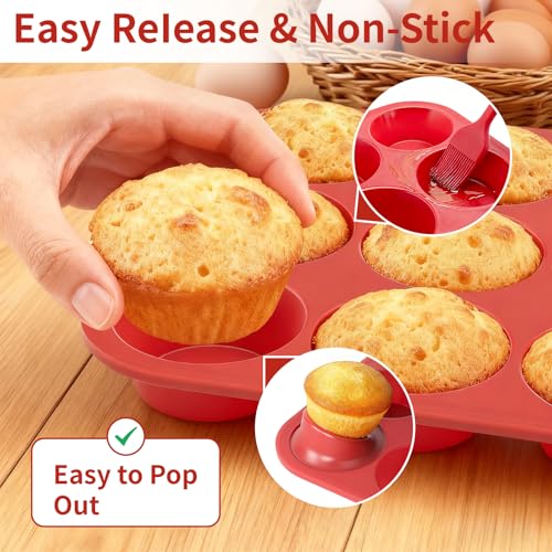 Silicone Muffin Pan with Metal Reinforced Frame (2PCS with Steel Core: Orange + Red (2.9”))