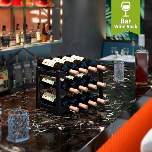 Bamboo Wine Rack Wine Storage Cabinet Shelf 12 Bottle Wine Racks Countertop Sturdy for Kitchen Dining Room Pantry (Black / 3 Tier)