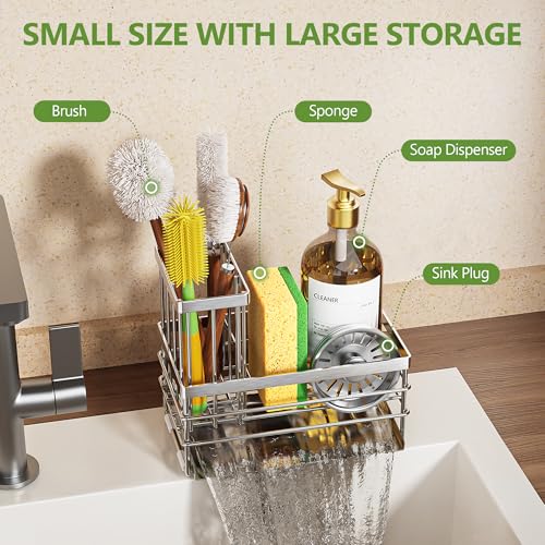 Sink Caddy Sponge Holder for Kitchen with Brush Holder and Stainless Steel Self Drain Tray (8.26'' / Silver)