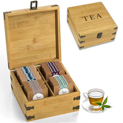 Tea Organizer Box 7.4" x 8.1" x 4.2" Bamboo Wood Organizer Storage Chest 4 Tall Adjustable Slots 100% Handmade Eco (4-Slot Square / Tea)