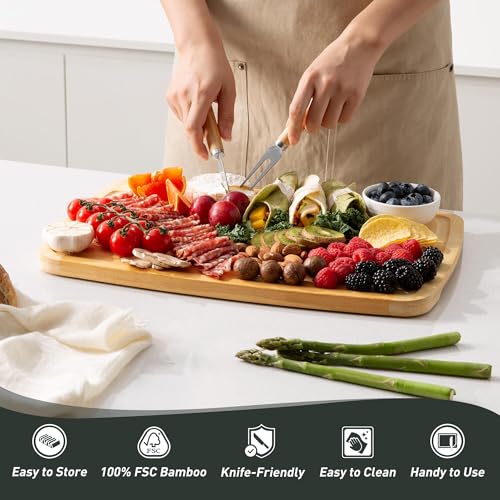 Bamboo Cutting Board Set Non Slip Feet with Holder Over Sink Tablas Para Picar Cocina Tabua Madeira Corte Carne Bambu Alimentos Cortar Madera Juego Regalos Cumpleaños Navidad Mujer Mama Abuela Papa (3 Pack with Holder / Two-Tone Bamboo)