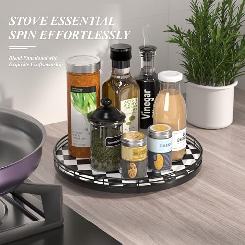 12 Inch Black and White Checkerboard Lazy Susan with Oak Wood Base (Black & White / 12 inches)
