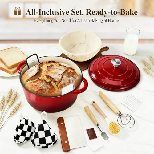 Enameled Cast Iron Dutch Oven pot 6.5 QT with Lid for Bread Baking (Cherry Red)