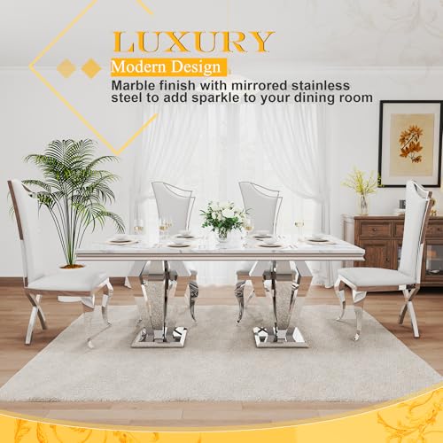 7 Piece Luxury Dining Room Set (Silver White + White / Dining Table + 6 High Back Chairs)