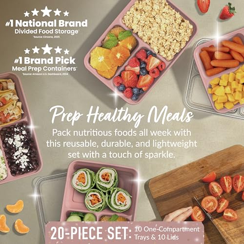 Prep - 20-Piece 3-Compartment Reusable Meal Prep Containers with Lids, PFAS & BPA Free Materials, Durable, Microwave, Freezer, & Dishwasher Safe To Go Food Storage (Rosette Glitter) (Rosette Glitter)