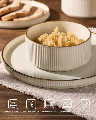 Stoneware Dinnerware Sets with Pasta Bowls (Cream / Service for 6 - Double Bowls)