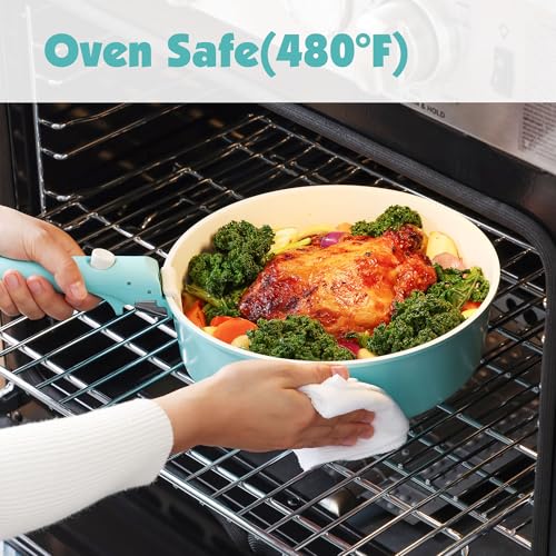 17 Piece Ceramic Detachable Handle Pots and Pans Set Turquoise (Turquoise / 17 Piece)