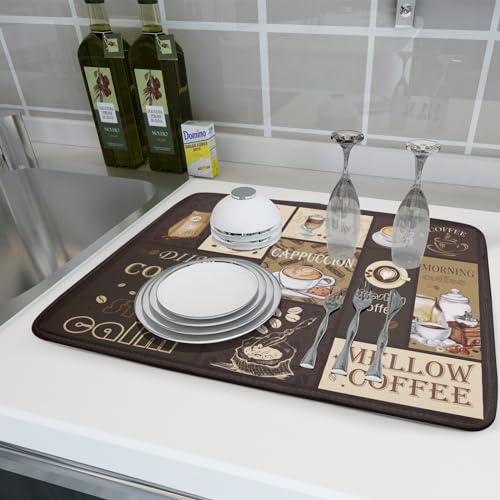 Brown Coffee Dish Drying Mat 18x24 Inch Coffee Cup Espresso Machine Pad Absorbent Washable Dish Rack Pad for Kitchen Counter Cafe Bar (brown coffee / 18" x 24")