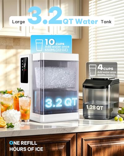 Nugget Ice Maker Countertop with 3L Detachable Tank (White PRO / 44lbs)