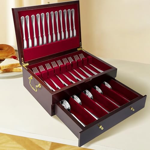 Silverware Storage Box Solid Wood with Lid (Cherry / 2 Layer)