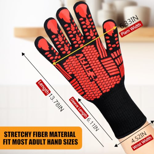 BBQ Gloves 1472°F Heat Resistant with Silicone Grip Oven Mitts (Red / Long (Glove L 13.78" × Palm W 6.33"))