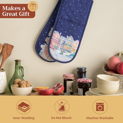 Double Oven Mitts 100% Cotton Double Oven Glove (123 - Christmas Market - Blue / 7" x 35" (Double Oven Mitt))