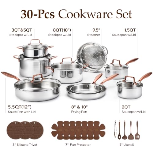 30 PCS Tri Ply Stainless Steel Cookware Set Pots and Pans Set (Gold / 30 PCS)