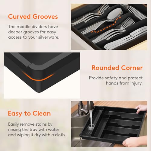 Silverware Drawer Organizer Tray (Black / 12.3 x 16 inch (6 Slots))