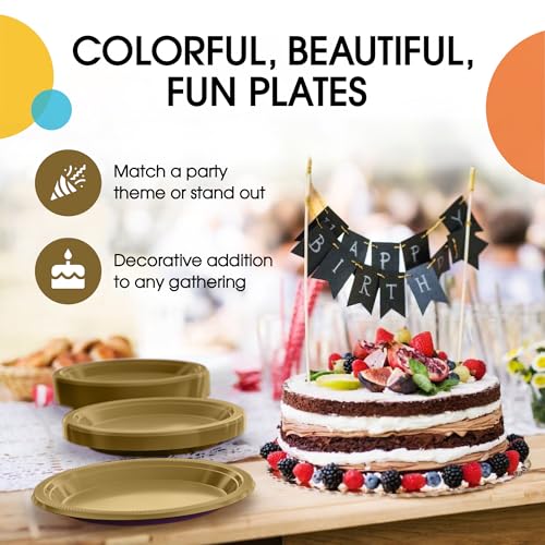 Gold Plastic Plates for Party 7 Gold Disposable Plates for Party Supplies 100 Pcs Plastic Dinnerware Sets Heavy Duty 350 GSM Disposable Dinnerware Set (7 inch / Gold)